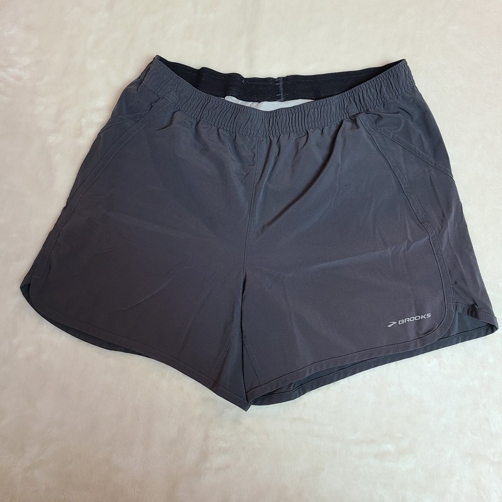 Brooks Running Shorts Womens L Gray Brief Lined Athletic Workout Running Pocket
